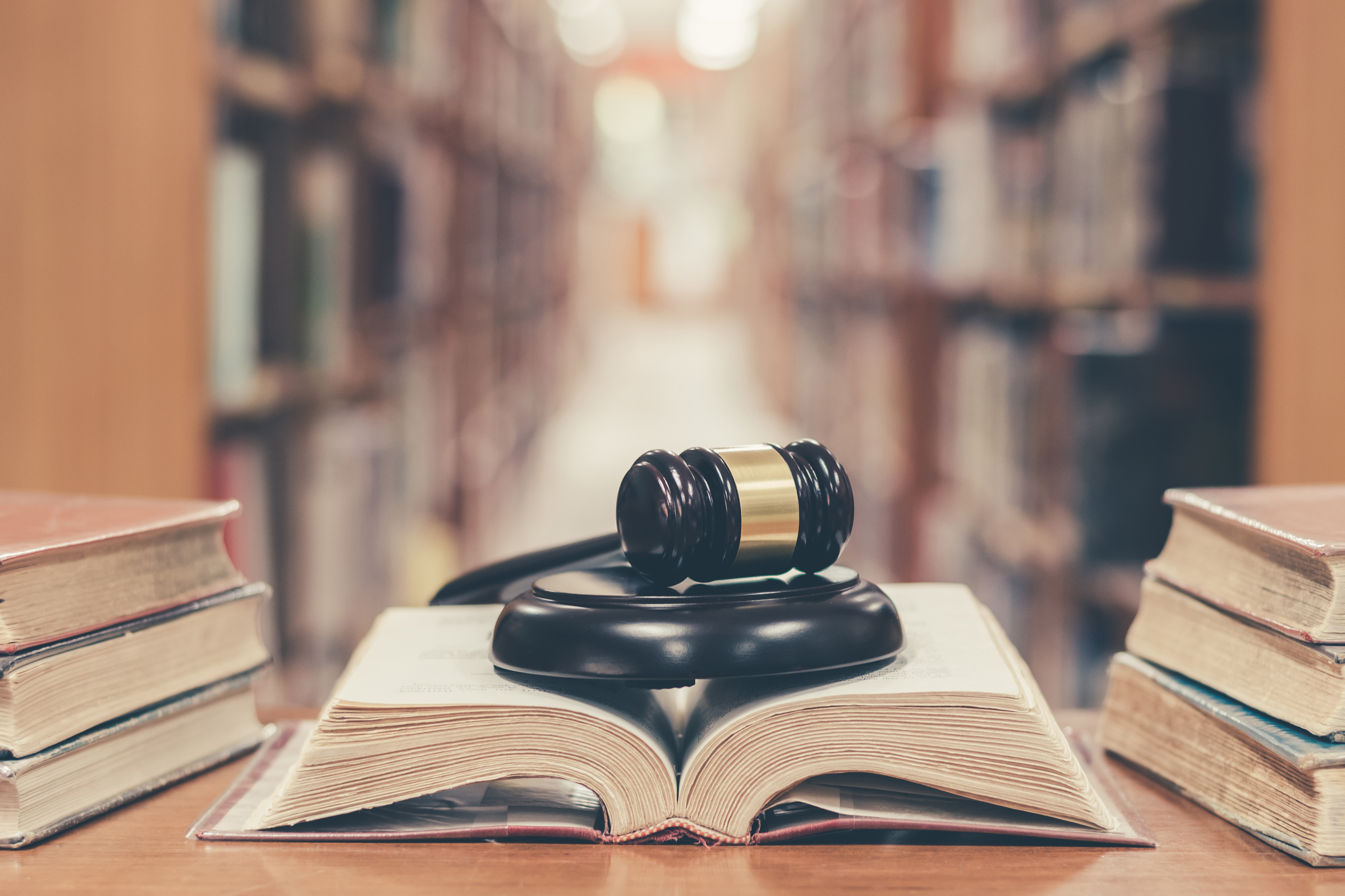 Judge gavel on book in library